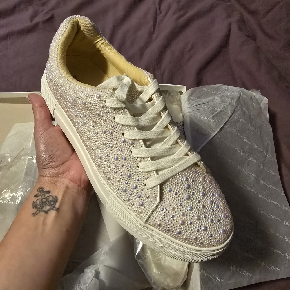 Betsey Johnson Cream and Gold Embellished Sneakers